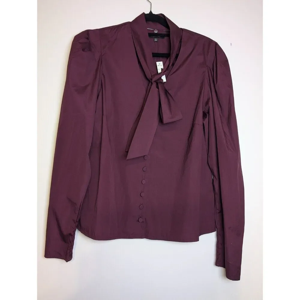 Madewell Dark Pomegranate Cotton Poplin Puff Sleeve Button-Front Tie Top Small